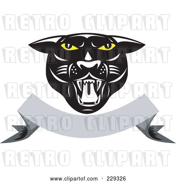 Vector Clip Art of Retro Panther Head over a Blank Banner