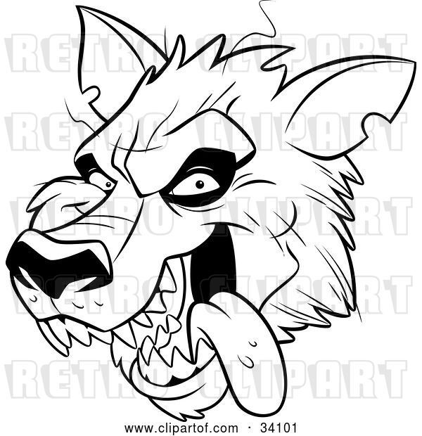 Vector Clip Art of Retro Panting Werewolf Head with Fangs, Hanging Its Tongue out