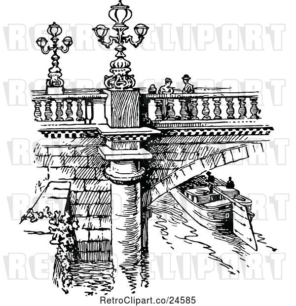 Vector Clip Art of Retro Parisian Bridge and Canal