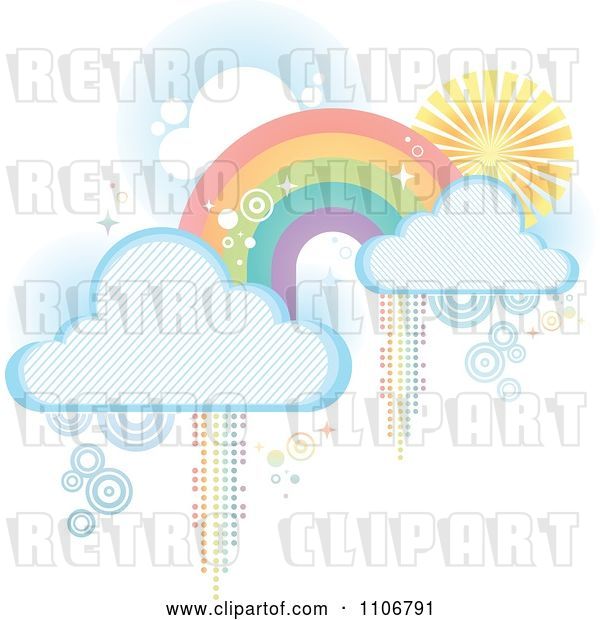 Vector Clip Art of Retro Pastel Rainbow with Clouds and Pixel Trails on White