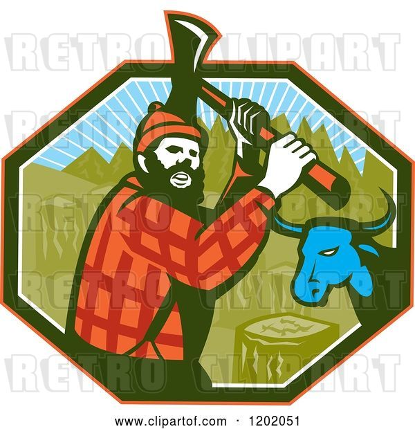 Vector Clip Art of Retro Paul Bunyan Lumberjack and Babe Blue Ox in an Octagon
