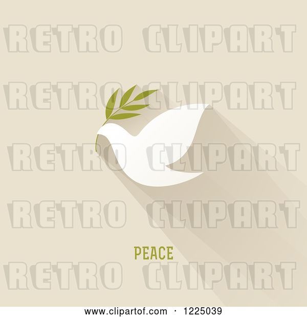 Vector Clip Art of Retro Peace Dove with an Olive Branch and Shadow over Tan with Text
