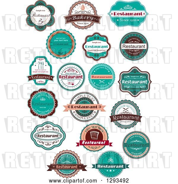 Vector Clip Art of Retro Peach White Brown and Turquoise Restaurant Label Designs with Sample Text
