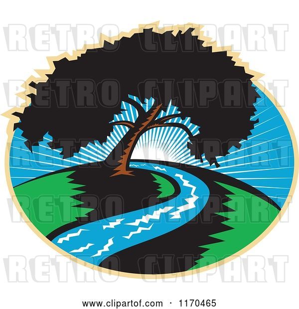 Vector Clip Art of Retro Pecan Tree and River Bend Against Sunshine