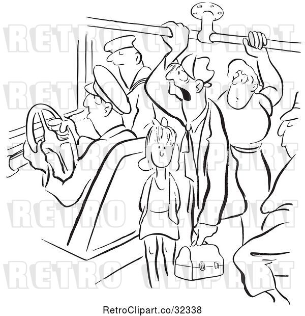 Vector Clip Art of Retro People on a Crowded Bus