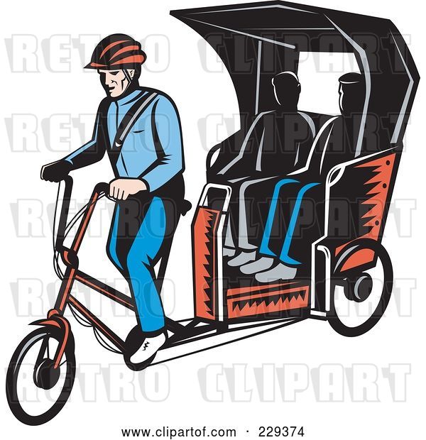 Vector Clip Art of Retro People Riding on a Rickshaw