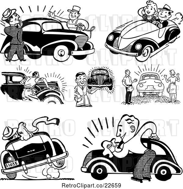 Vector Clip Art of Retro People with Cars