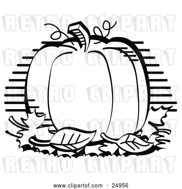Vector Clip Art of Retro Perfectly Round Halloween or Thanksgiving Pumpkin Surrounded by Fall Leaves