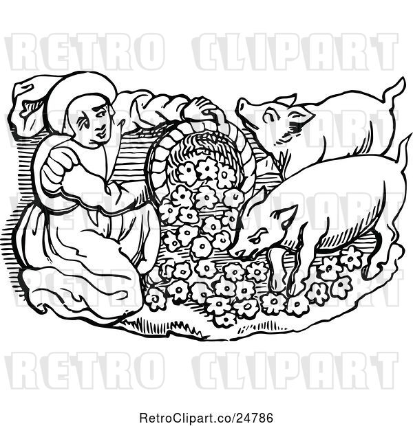 Vector Clip Art of Retro Person Feeding Swine