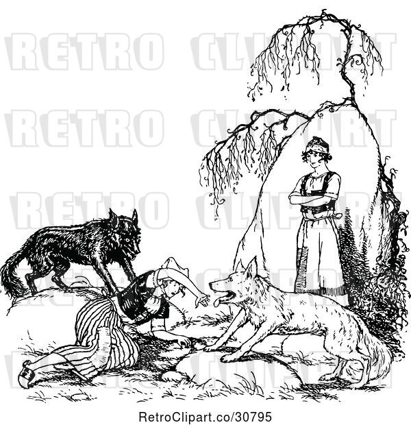 Vector Clip Art of Retro Person Watching As Wild Dogs Scare a Lady