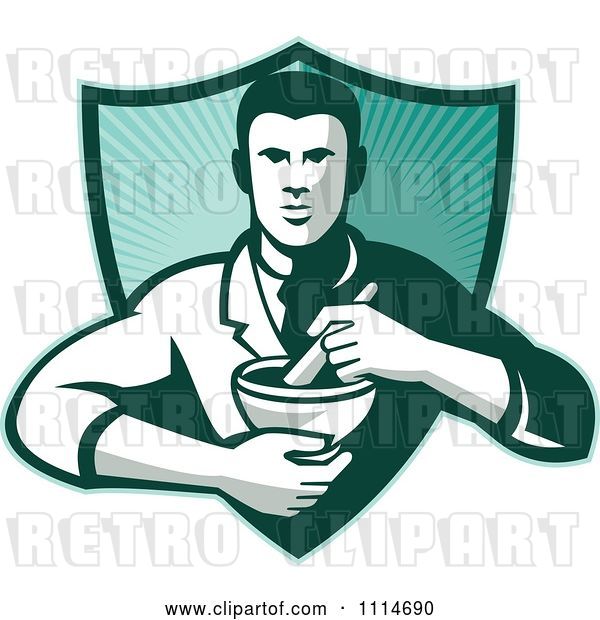 Vector Clip Art of Retro Pharmacist Holding a Mortar and Pestle over a Ray Shield
