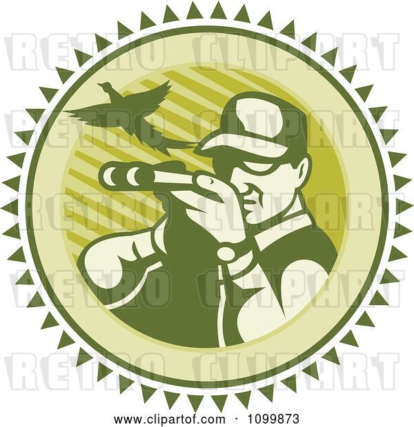 Vector Clip Art of Retro Pheasant Hunter Aiming His Rifle on a Green Circle