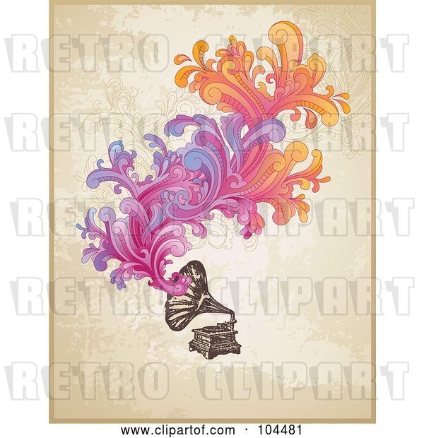 Vector Clip Art of Retro Phonograph with Colorful Swirls over Grungy Beige