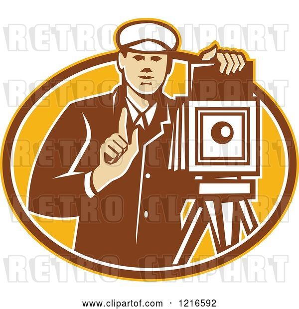 Vector Clip Art of Retro Photographer Holding up a Finger by a Bellow Camera