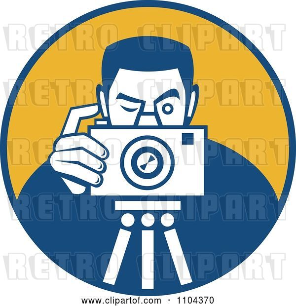 Vector Clip Art of Retro Photographer Taking a Picture over an Orange Circle