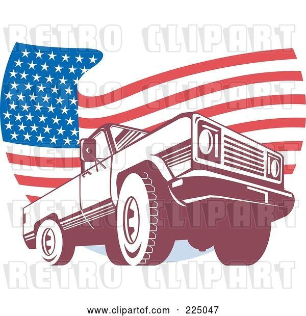Vector Clip Art of Retro Pick up Truck and Wavy American Flag Logo
