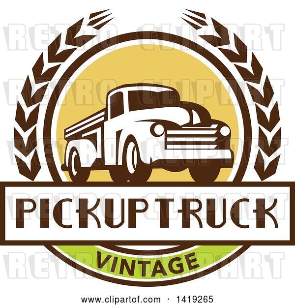 Vector Clip Art of Retro Pickup Truck in a Wheat Wreath over a Text Box