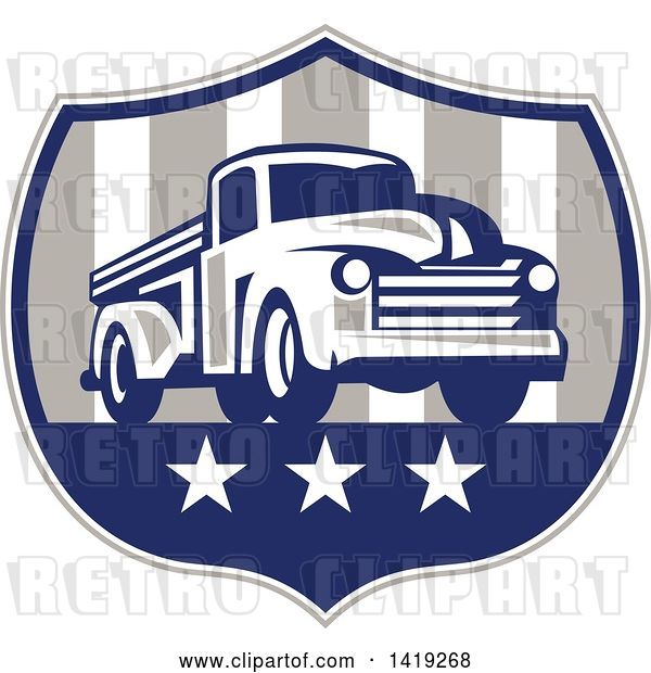 Vector Clip Art of Retro Pickup Truck in an American Themed Shield
