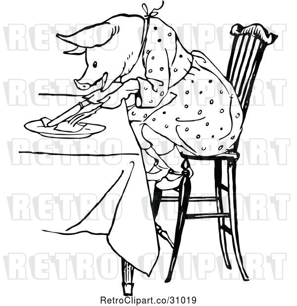 Vector Clip Art of Retro Pig Eating at a Table