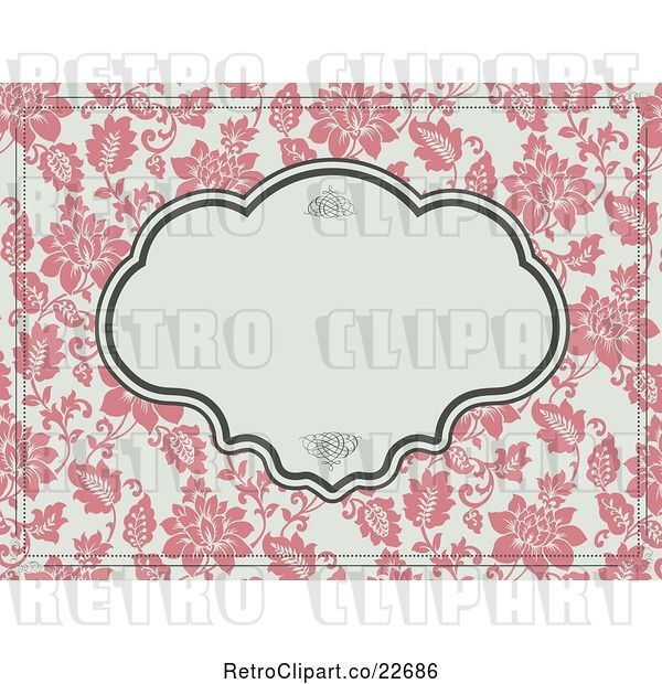 Vector Clip Art of Retro Pink and Beige Floral Wedding Invite with Swirls in the Frame