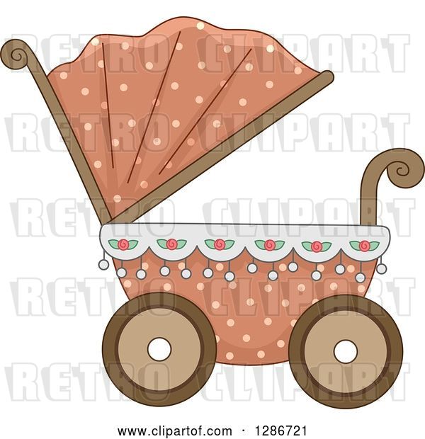 Vector Clip Art of Retro Pink and Floral Baby Carriage Pram