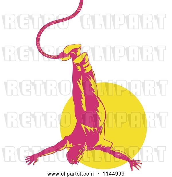 Vector Clip Art of Retro Pink Bungee Jumper over a Yellow Circle