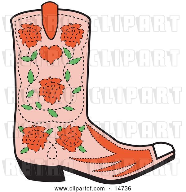 Vector Clip Art of Retro Pink Cowgirl Boot with a Pattern of Red Roses