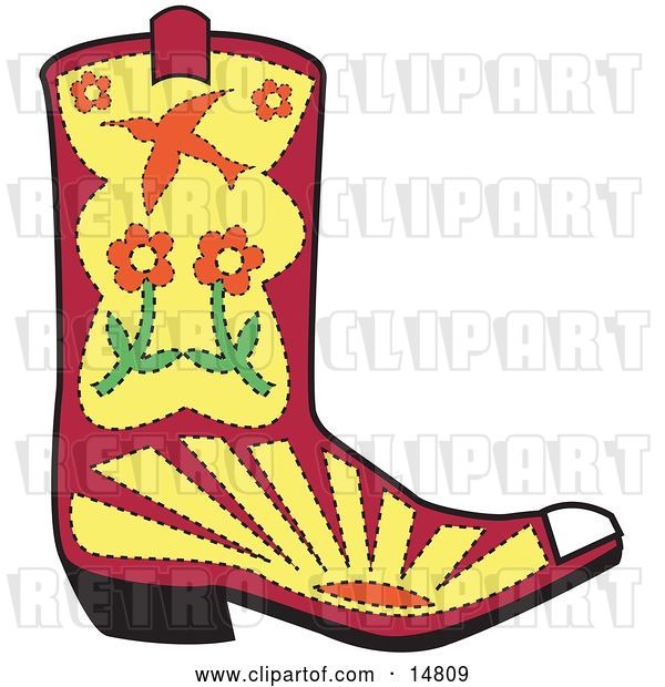 Vector Clip Art of Retro Pink Cowgirl Boot with Flowers, Sunset and a Bird Clipart Illustration
