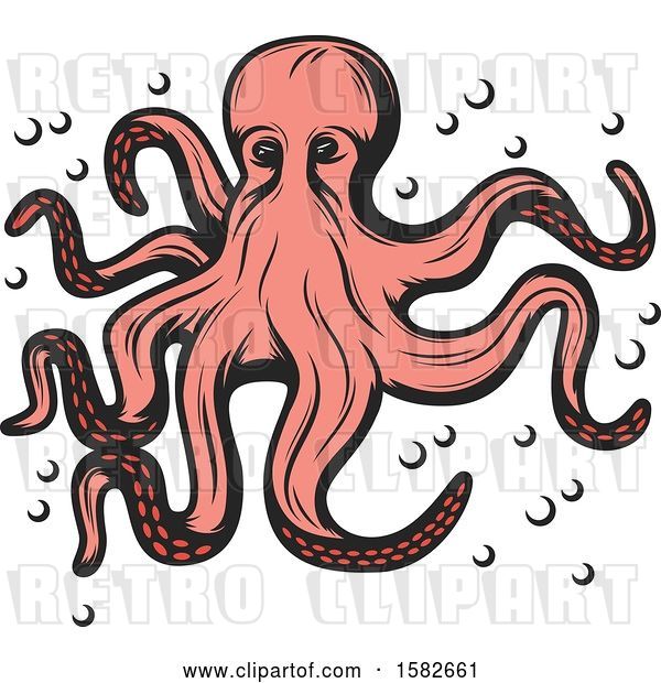 Vector Clip Art of Retro Pink Octopus with Bubbles