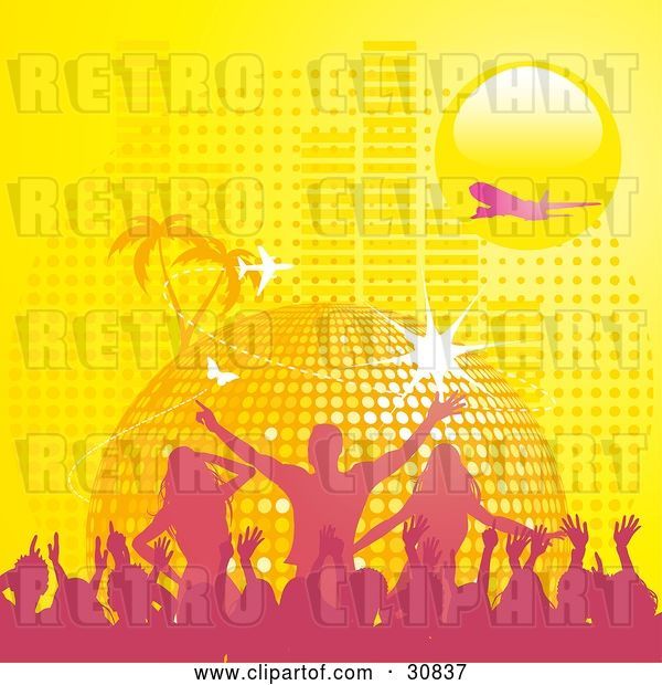 Vector Clip Art of Retro Pink Silhouetted Crowd Partying in Front of a Yellow Disco Ball Planet with Palm Trees, Butterflies, a Plane, and Equalizer Bars Under a Yellow Sun
