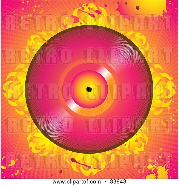 Vector Clip Art of Retro Pink Vinly Record on a Bed of Abstract Flames, over a Grunge Pink and Orange Background with Splatters and Dots