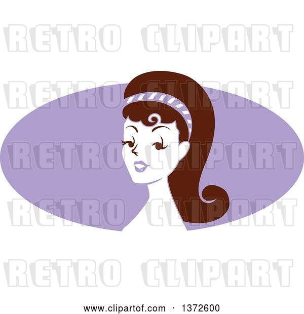 Vector Clip Art of Retro Pinup Lady from the Shoulders up over a Purple Oval