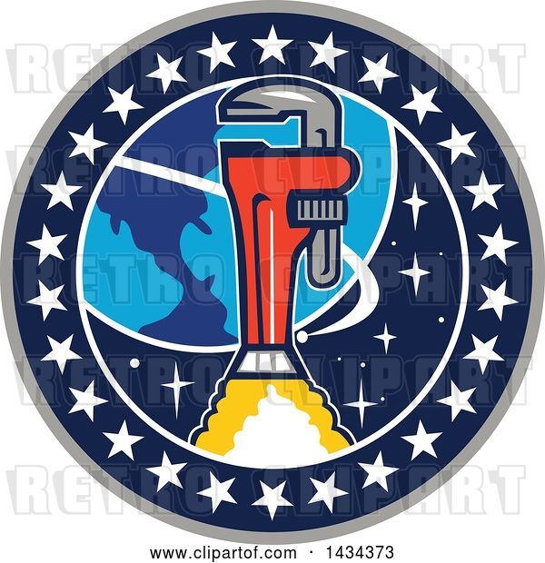Vector Clip Art of Retro Pipe Monkey Wrench Rocket in Flight near Earth, in a Circle of Stars