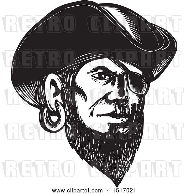 Vector Clip Art of Retro Pirate Wearing an Eye Patch and Tricorne Hat, in Woodcut