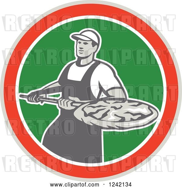 Vector Clip Art of Retro Pizzeria Guy with a Pie on a Peel in a Circle