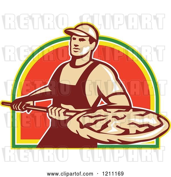 Vector Clip Art of Retro Pizzeria Worker with a Pie on a Peel