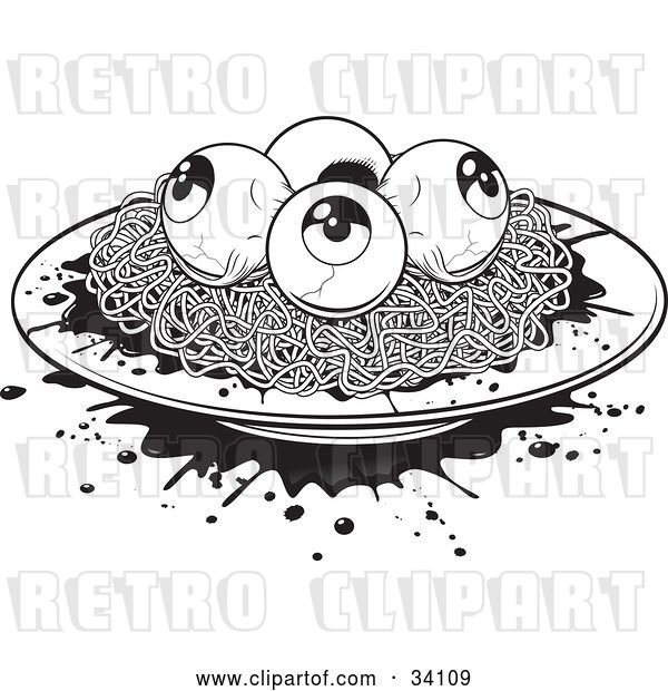 Vector Clip Art of Retro Plate of Spaghetti and Eyeballs with Splattered Blood