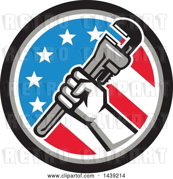 Vector Clip Art of Retro Plumber Hand Holding a Pipe Monkey Wrench in an American Circle