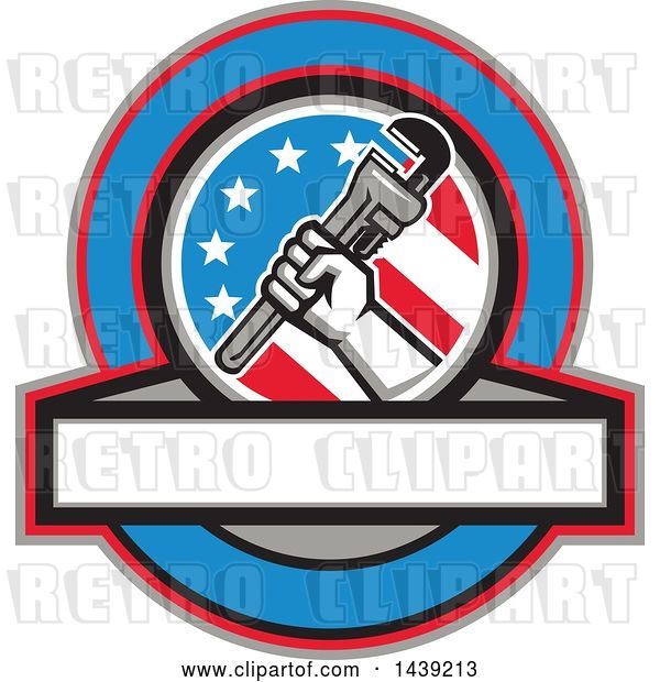 Vector Clip Art of Retro Plumber Hand Holding a Pipe Monkey Wrench in an American Circle over a Banner with Text Space