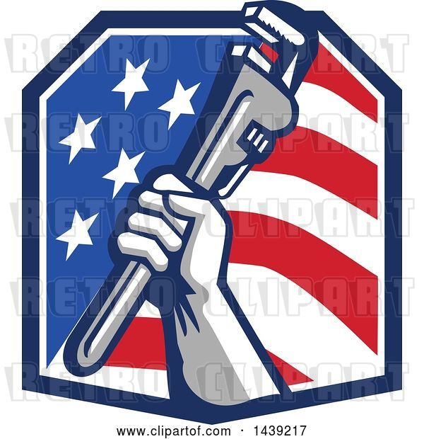 Vector Clip Art of Retro Plumber Hand Holding a Pipe Monkey Wrench in an American Crest