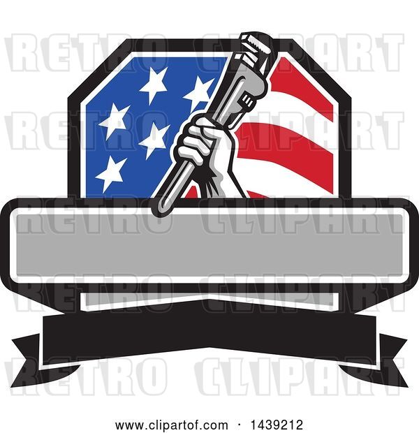 Vector Clip Art of Retro Plumber Hand Holding a Pipe Monkey Wrench in an American Crest, over a Banner with Text Space