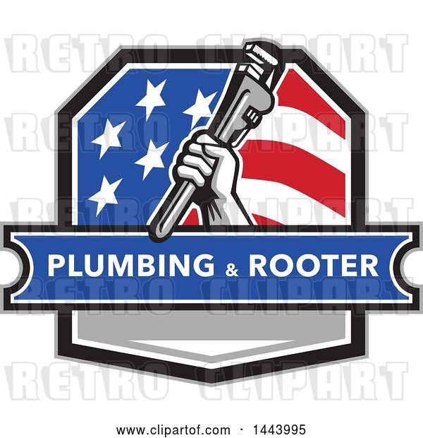 Vector Clip Art of Retro Plumber Hand Holding a Pipe Monkey Wrench in an American Crest, over a Plumbing and Rooter Banner
