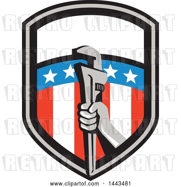 Vector Clip Art of Retro Plumber Hand Holding a Pipe Monkey Wrench in an American Shield