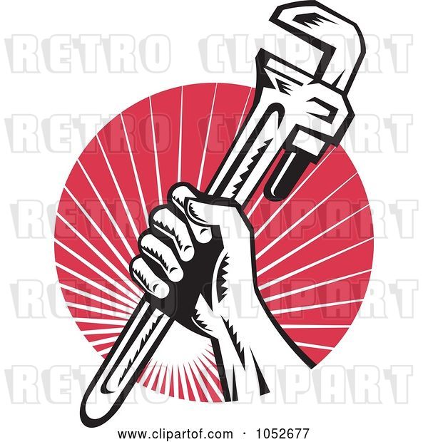 Vector Clip Art of Retro Plumber Hand Holding a Wrench over Red Rays