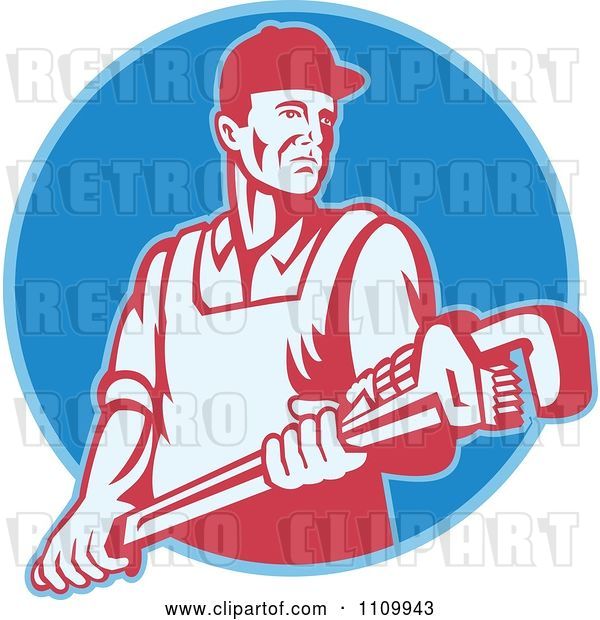Vector Clip Art of Retro Plumber Holding a Large Adjustable Monkey Wrench on a Blue Circle