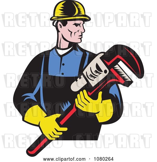 Vector Clip Art of Retro Plumber Holding a Large Monkey Wrench