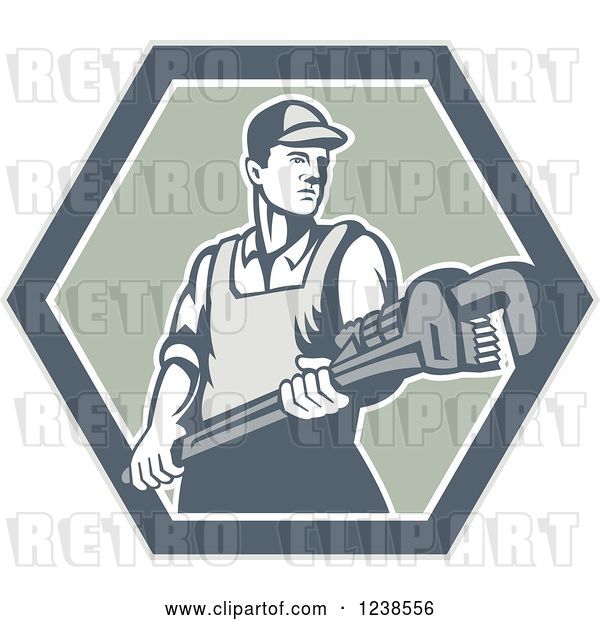 Vector Clip Art of Retro Plumber Holding a Monkey Wrench in a Hexagon