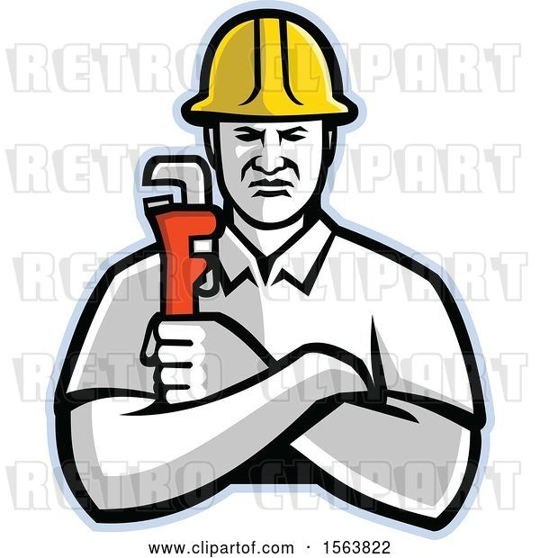 Vector Clip Art of Retro Plumber or Pipefitter Holding a Monkey Wrench
