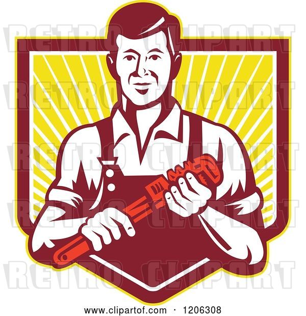 Vector Clip Art of Retro Plumber Worker Guy Holding a Monkey Wrench over a Ray Crest Shield