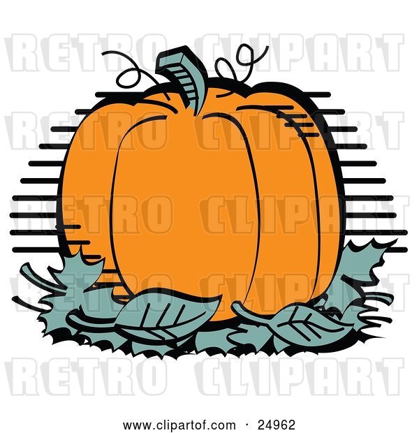 Vector Clip Art of Retro Plump and Round Orange Halloween or Thanksgiving Pumpkin on Top of a Pile of Green Leaves